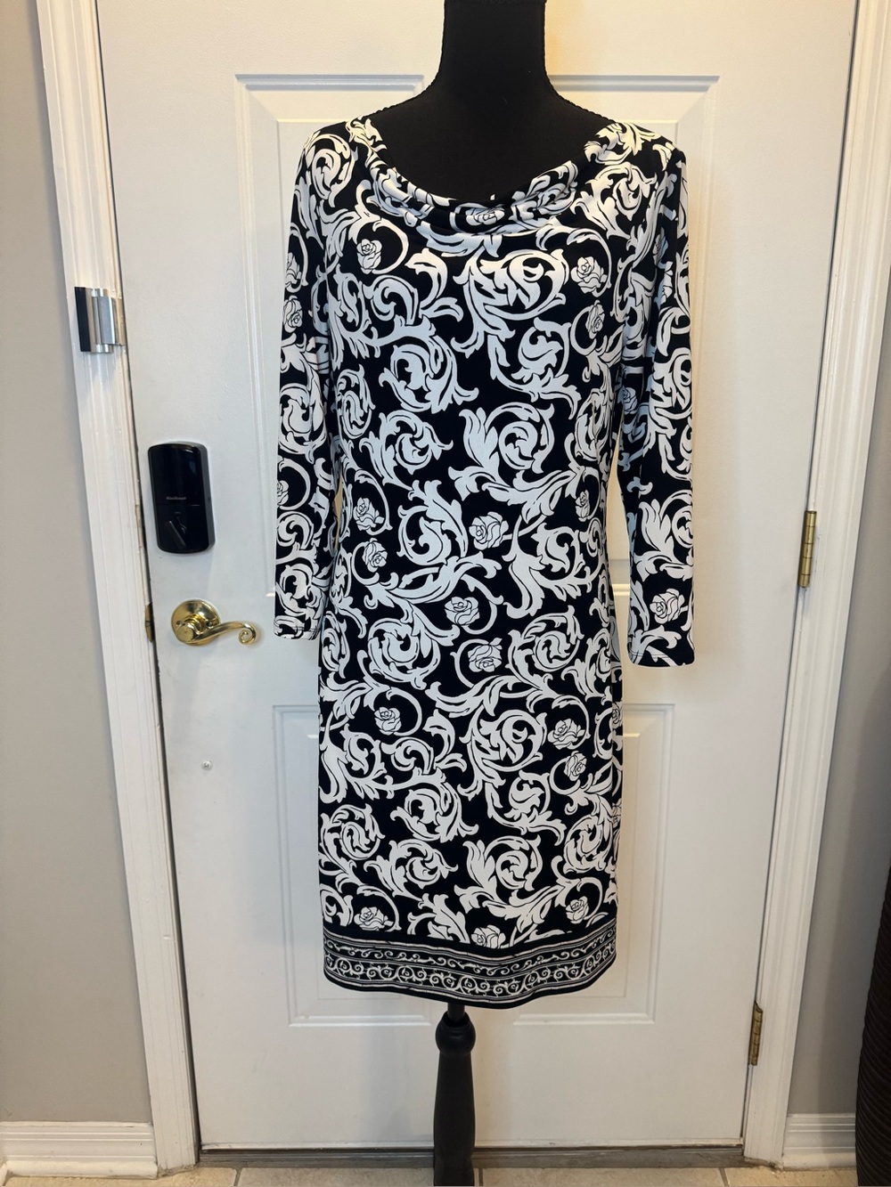 White House Black Market Black and White Floral Cowl-Neck Long Sleeve Dress